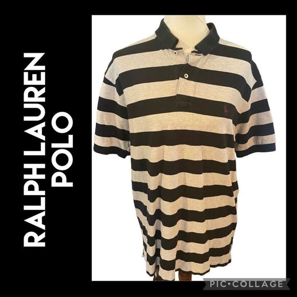 Polo Ralph Lauren Men's Gray Black Striped Short Sleeve Polo Shirt Size Large - Picture 1 of 8